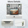 Foldable wall-mounted desk in white with six storage shelves and magnetic catch, ideal for small spaces and versatile.
