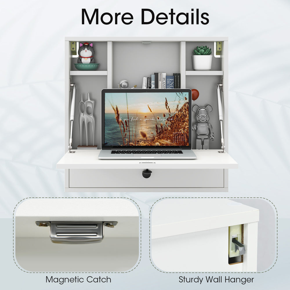Foldable wall-mounted desk in white with six storage shelves and magnetic catch, ideal for small spaces and versatile.