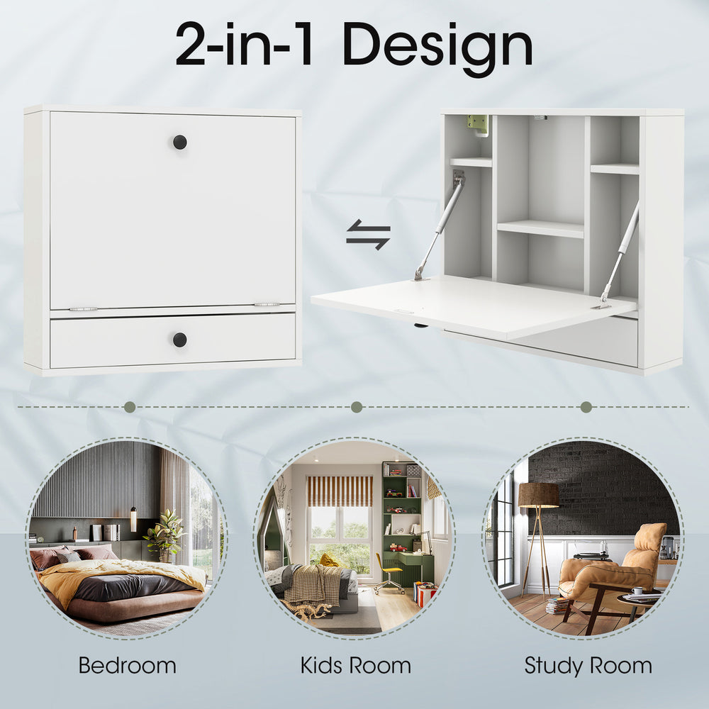 Foldable wall-mounted desk in white with six storage compartments, ideal for small spaces like bedrooms and studies.