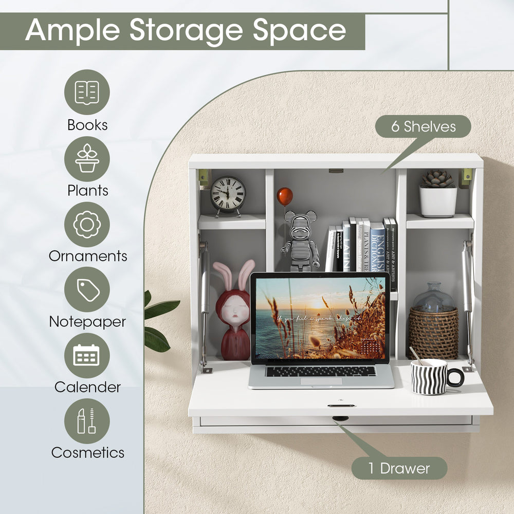 Wall-mounted foldable desk in white with 6 shelves and 1 drawer, ideal for small spaces like living rooms or studies.