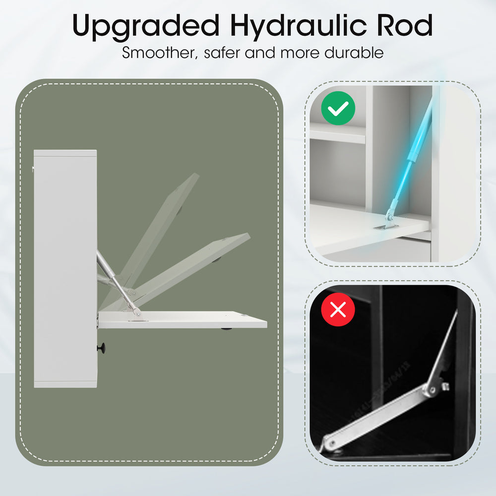 Upgraded hydraulic rod detail of the wall-mount floating desk, featuring smooth and durable operation for space-saving.
