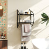 Wall-mounted 2-tier black towel rack features mesh shelves and bars for organized bathroom storage and ventilation.