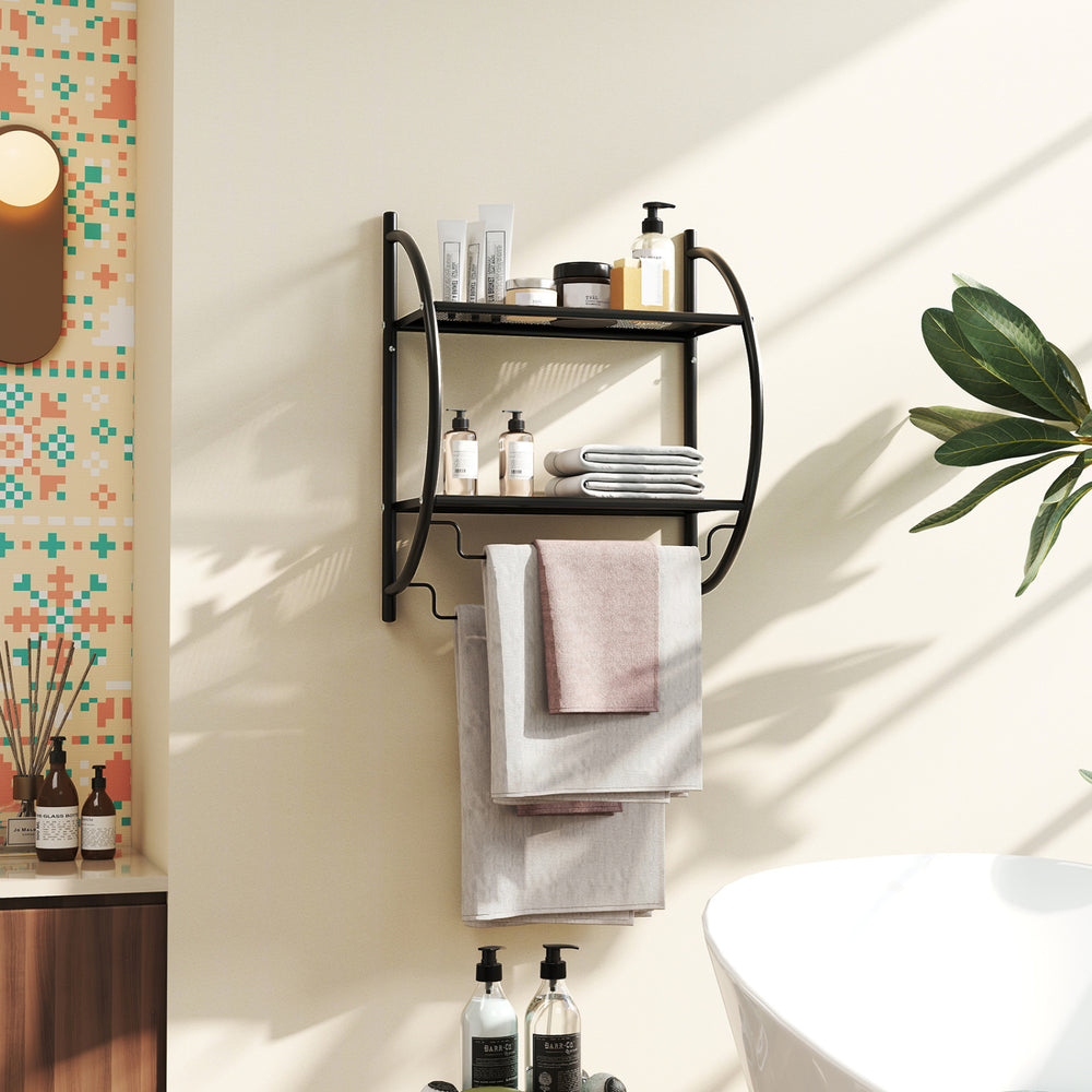 Wall-mounted 2-tier black towel rack features mesh shelves and bars for organized bathroom storage and ventilation.