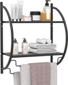 Wall-mounted 2-tier bathroom towel rack in black with mesh shelves and towel bars for organized storage and ventilation.