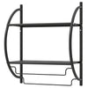 Wall-mounted 2-tier bathroom towel rack in black with mesh shelves and towel bars for efficient storage and organization.