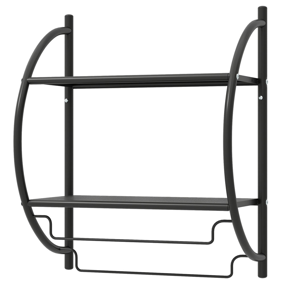 Wall-mounted 2-tier bathroom towel rack in black with mesh shelves and towel bars for efficient storage and organization.
