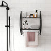 Wall mounted 2-tier bathroom towel rack in black with towel bars, ideal for organizing essentials in modern spaces.