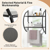 Wall-mounted 2-tier black towel rack features rustproof metal, mesh shelves for drainage, ideal for bathroom organization.