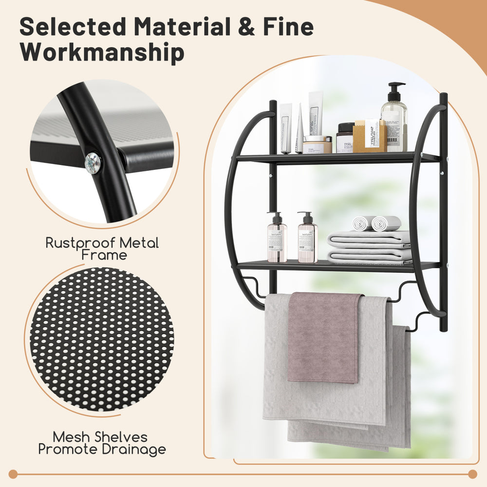Wall-mounted 2-tier black towel rack features rustproof metal, mesh shelves for drainage, ideal for bathroom organization.