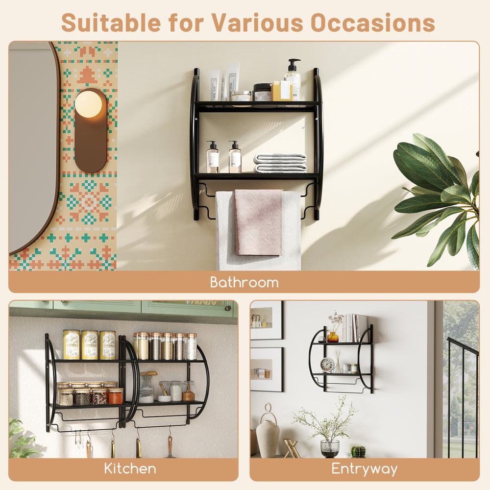 Wall-mounted 2-tier black towel rack with towel bars, ideal for organizing bathroom essentials and maximizing space.