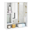 Wall mounted bathroom cabinet in white with mirror, featuring hidden storage and adjustable shelves for organized space.