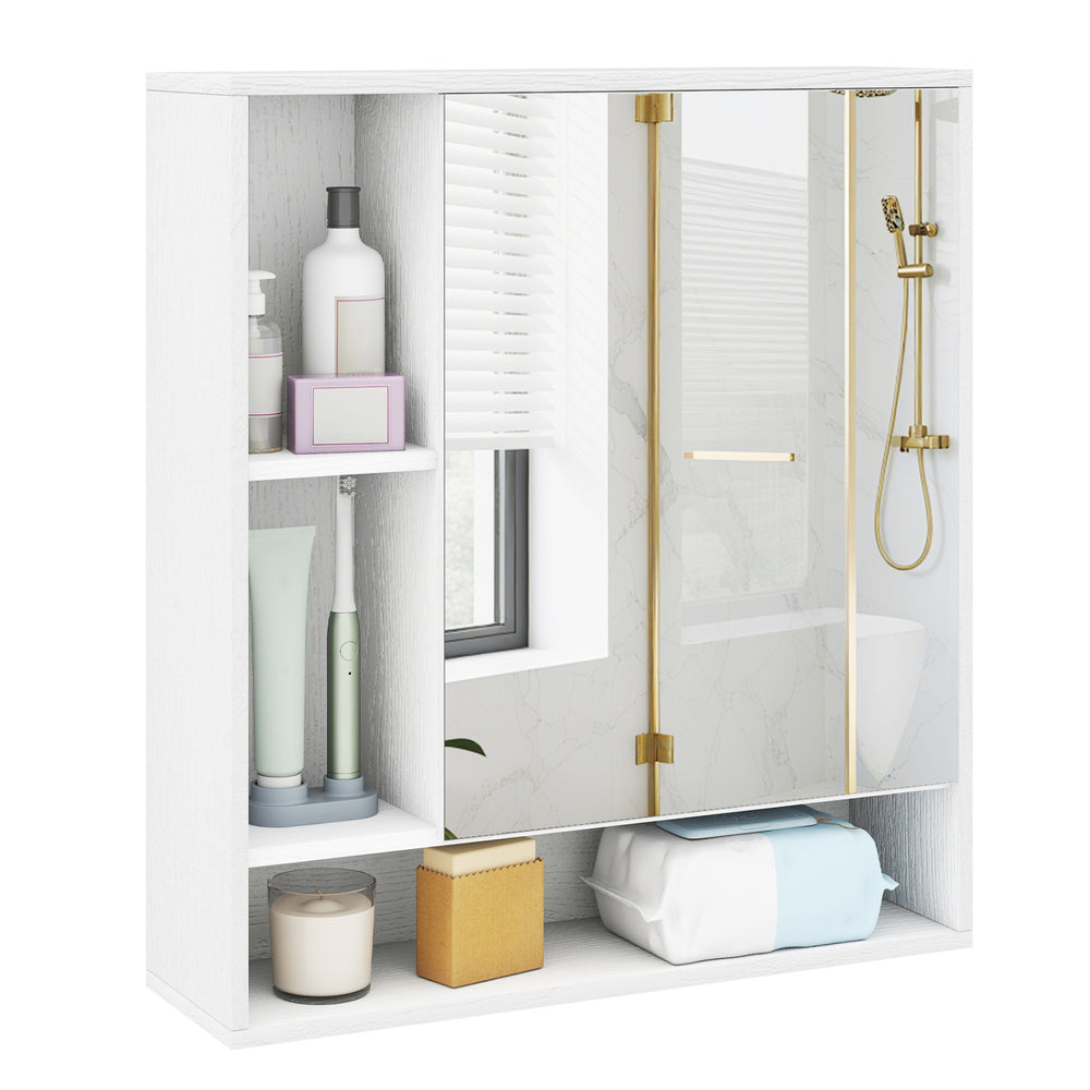 Wall mounted bathroom cabinet in white with mirror, featuring hidden storage and adjustable shelves for organized space.
