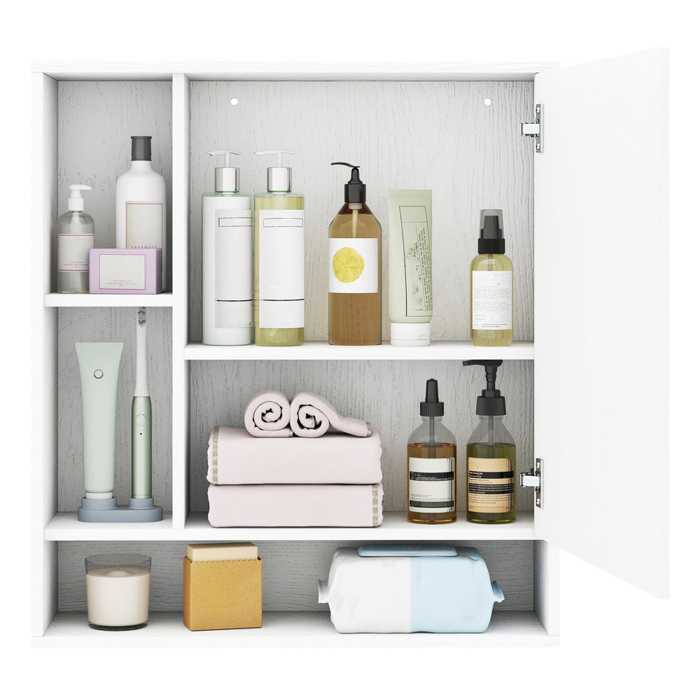 Wall-mounted bathroom cabinet with mirror, featuring adjustable shelves and organized storage for toiletries and towels.