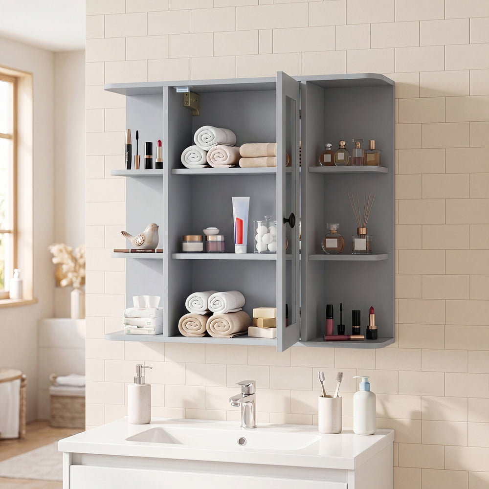 Wall Mounted Bathroom Medicine Cabinet with Mirror and Shelves-Gray - Gallery View 1 of 9