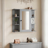 Gray wall-mounted bathroom medicine cabinet showcases a mirrored door, rounded corners, and six open shelves for stylish storage.