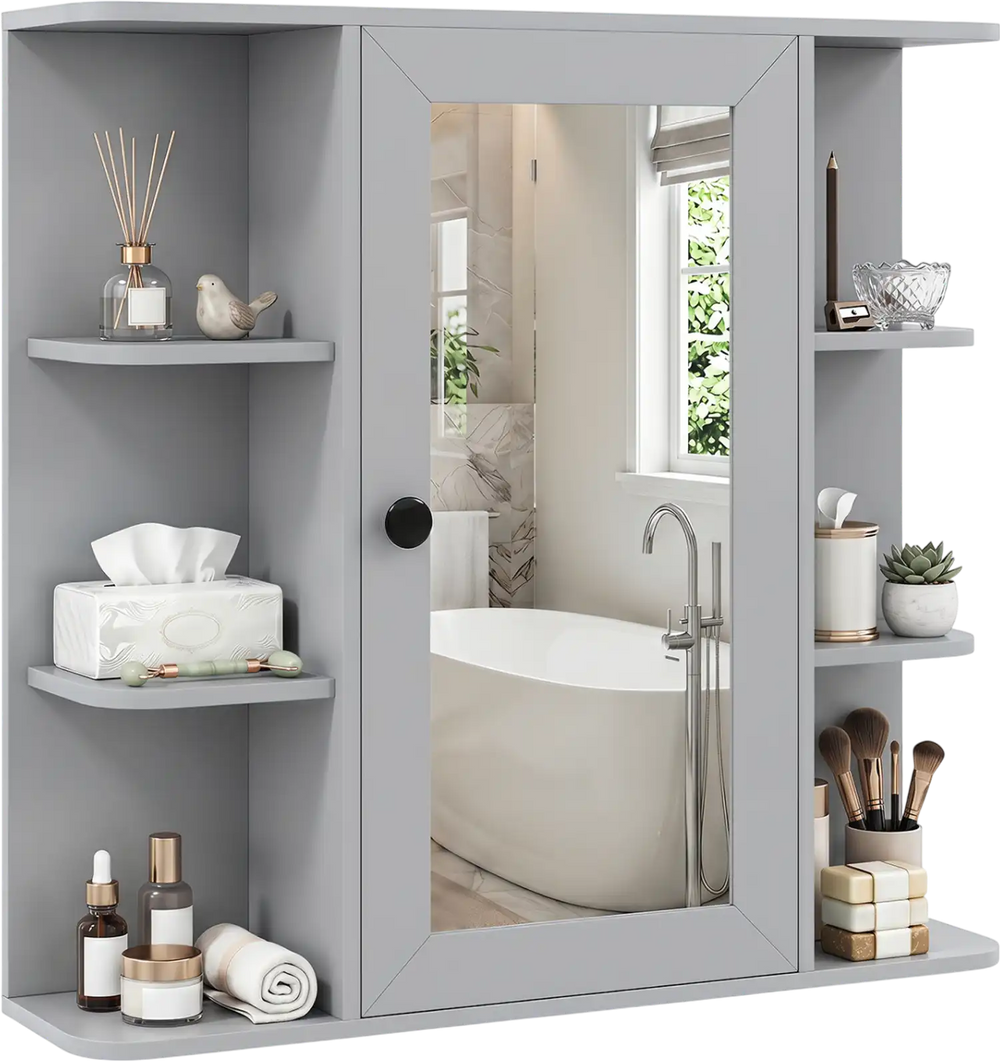 Wall-mounted gray bathroom medicine cabinet with mirror, 3 compartments, and 6 open shelves for organized storage.