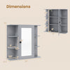 Wall-mounted gray bathroom medicine cabinet with mirror, three compartments, and six open shelves for organized storage.