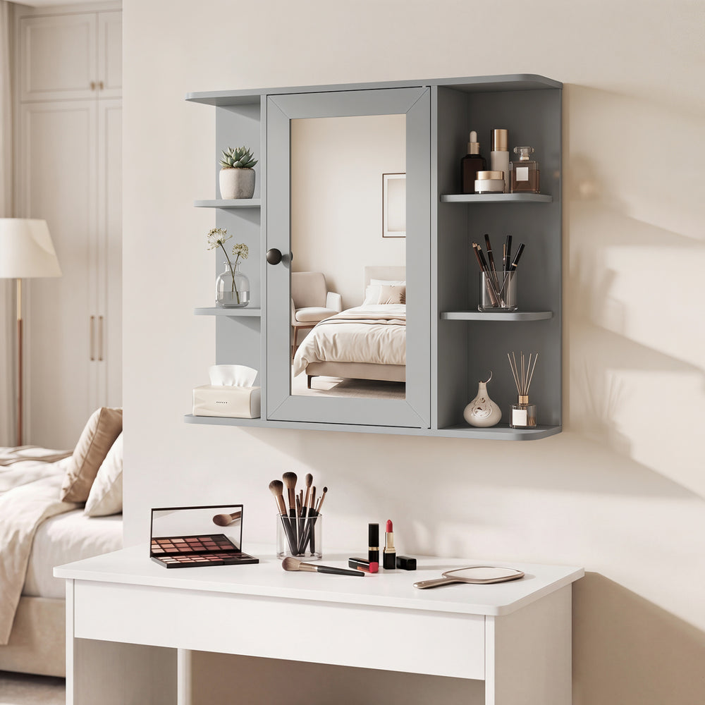 Wall-mounted gray bathroom medicine cabinet features a mirror, 3 compartments, and 6 open shelves for organized storage.