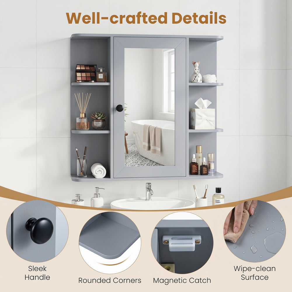 Wall-mounted gray bathroom medicine cabinet with mirror, sleek handle, and multiple shelves for organized storage.