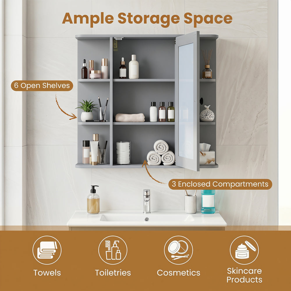 Wall-mounted gray bathroom medicine cabinet with mirror, featuring 6 open shelves and 3 enclosed compartments for storage.