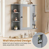 Wall-mounted gray bathroom medicine cabinet features a mirror, 3 compartments, and 6 open shelves for organized essentials.