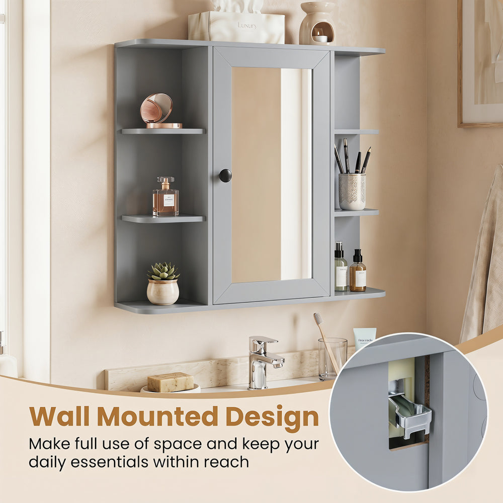 Wall-mounted gray bathroom medicine cabinet features a mirror, 3 compartments, and 6 open shelves for organized essentials.