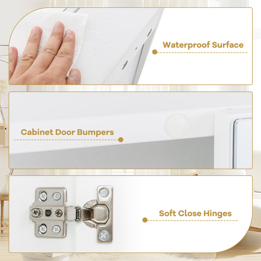 Close-up of soft close hinges on a double door bathroom wall cabinet with a waterproof surface for easy maintenance.