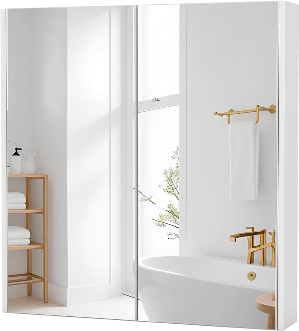 Double door bathroom wall cabinet with mirror, adjustable shelf, and modern design for space-saving storage.