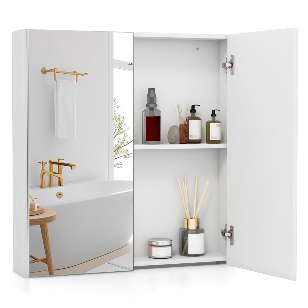 Double door bathroom wall cabinet with mirror, adjustable shelf, and soft close hinges for stylish storage solutions.