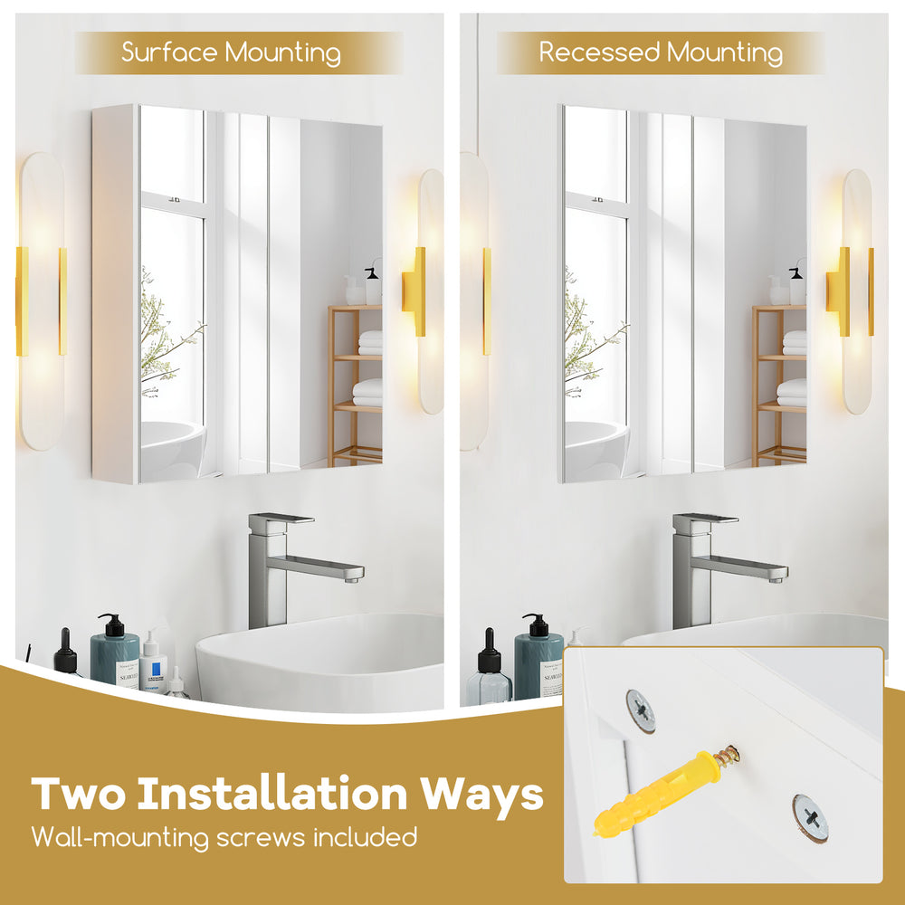 Double door bathroom wall cabinet with mirror, showcasing surface and recessed mounting options for versatile.