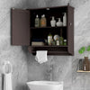 Brown wall-mounted bathroom cabinet with open doors showcasing cosmetics and personal care products on adjustable.