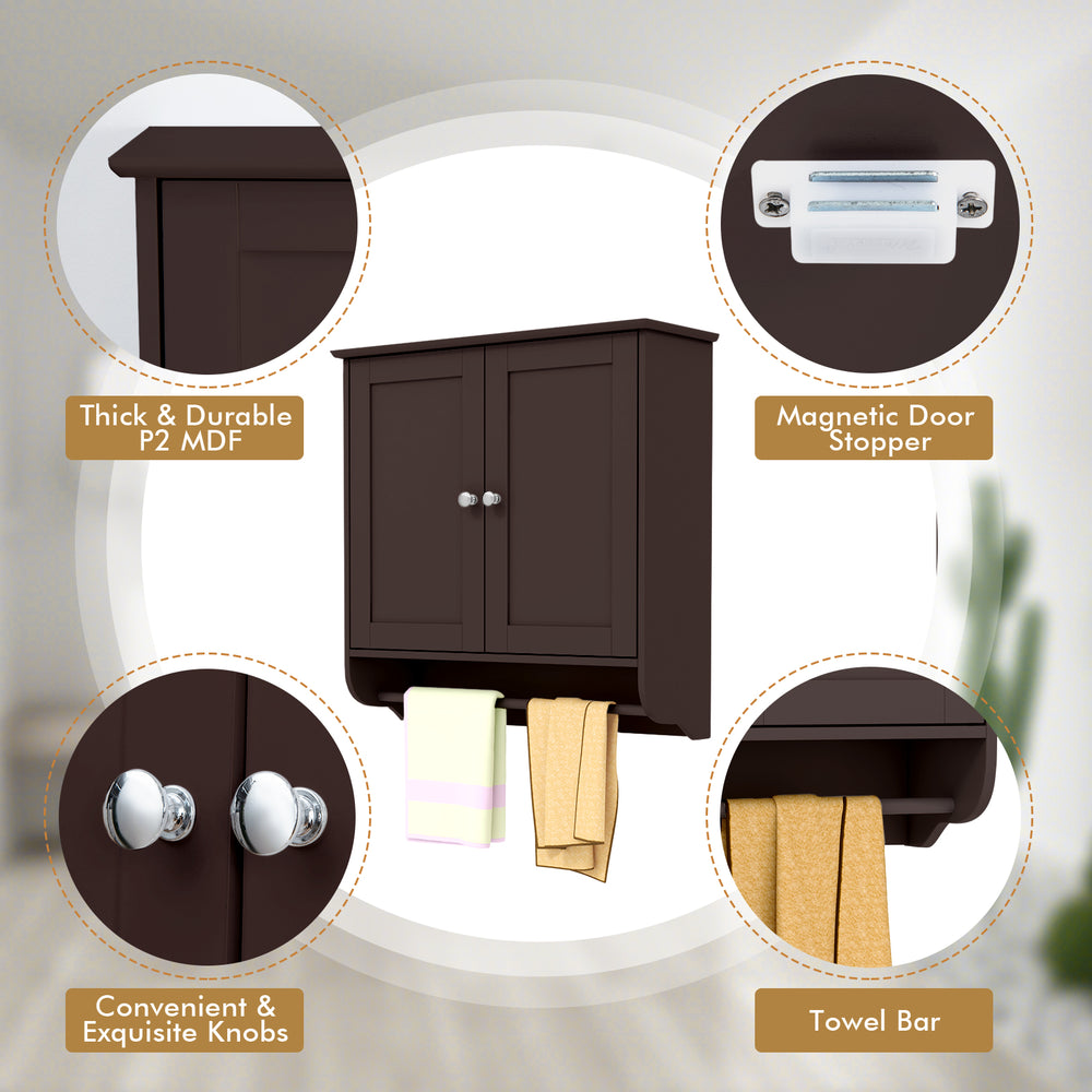 Wall mounted bathroom storage cabinet in brown with adjustable shelves and practical towel bar for efficient.