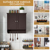 Wall mounted brown medicine cabinet with towel bar, featuring adjustable shelves for bathroom storage and organization.
