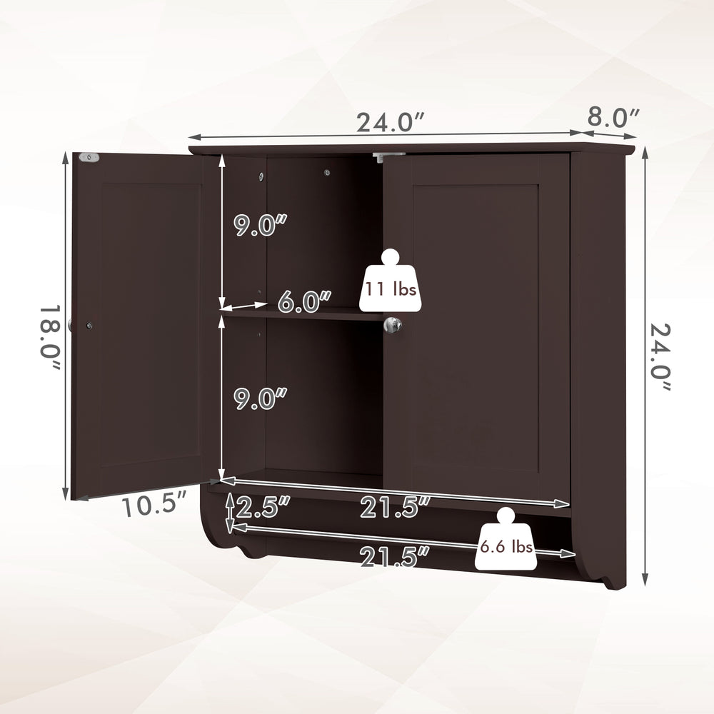 Wall mounted brown bathroom storage cabinet with adjustable shelves and towel bar, measuring 24" x 18" x 8".