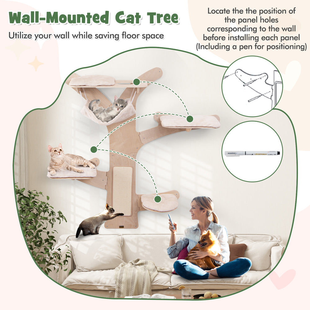 Wall-mounted cat tower featuring hammock platforms, sisal scratching mat, and sturdy plywood for space-saving play.