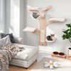 Wall-mounted cat tower featuring hammock and padded platforms, crafted from natural plywood for space-saving relaxation.
