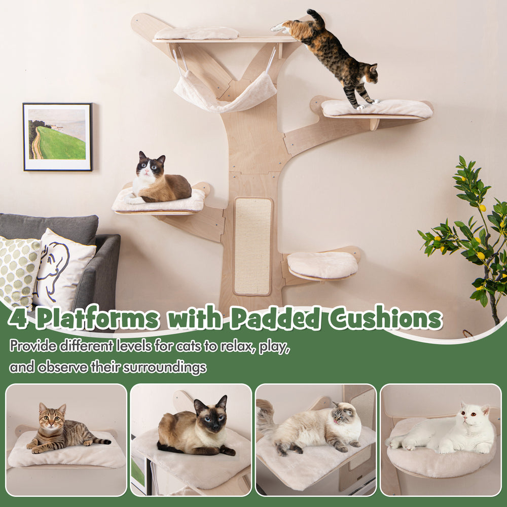 Wall-mounted cat tower featuring 4 padded platforms and a hammock for cats to relax and play in a space-saving design.
