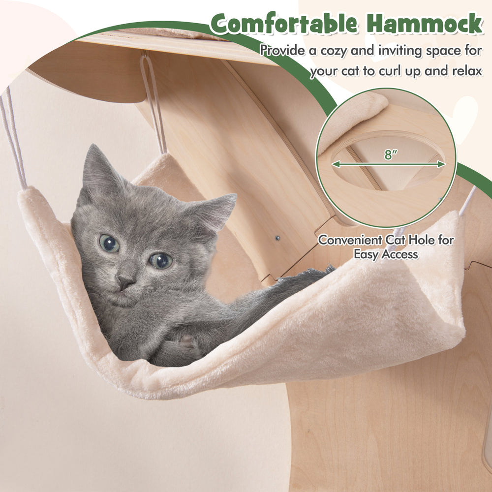 Cozy hammock for cats in a wall-mounted cat tower, featuring plush fabric and easy access cat hole for relaxation.