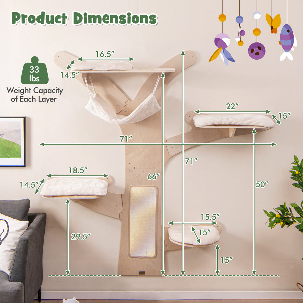 Wall-mounted cat tower with hammock and padded platforms, featuring sisal scratching mat for play and relaxation.