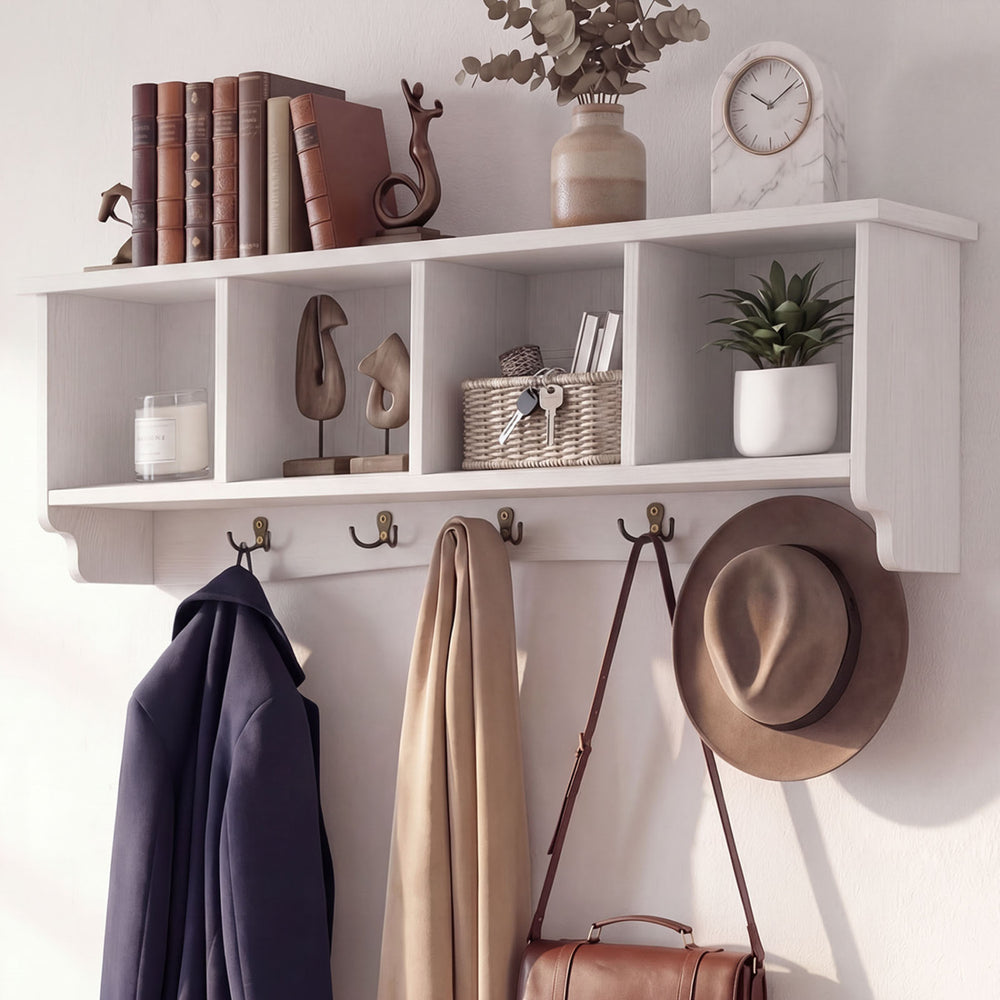 Wall-mounted coat rack showcasing 5 double hooks and 4 cubbies, elegantly designed for stylish entryway organization.