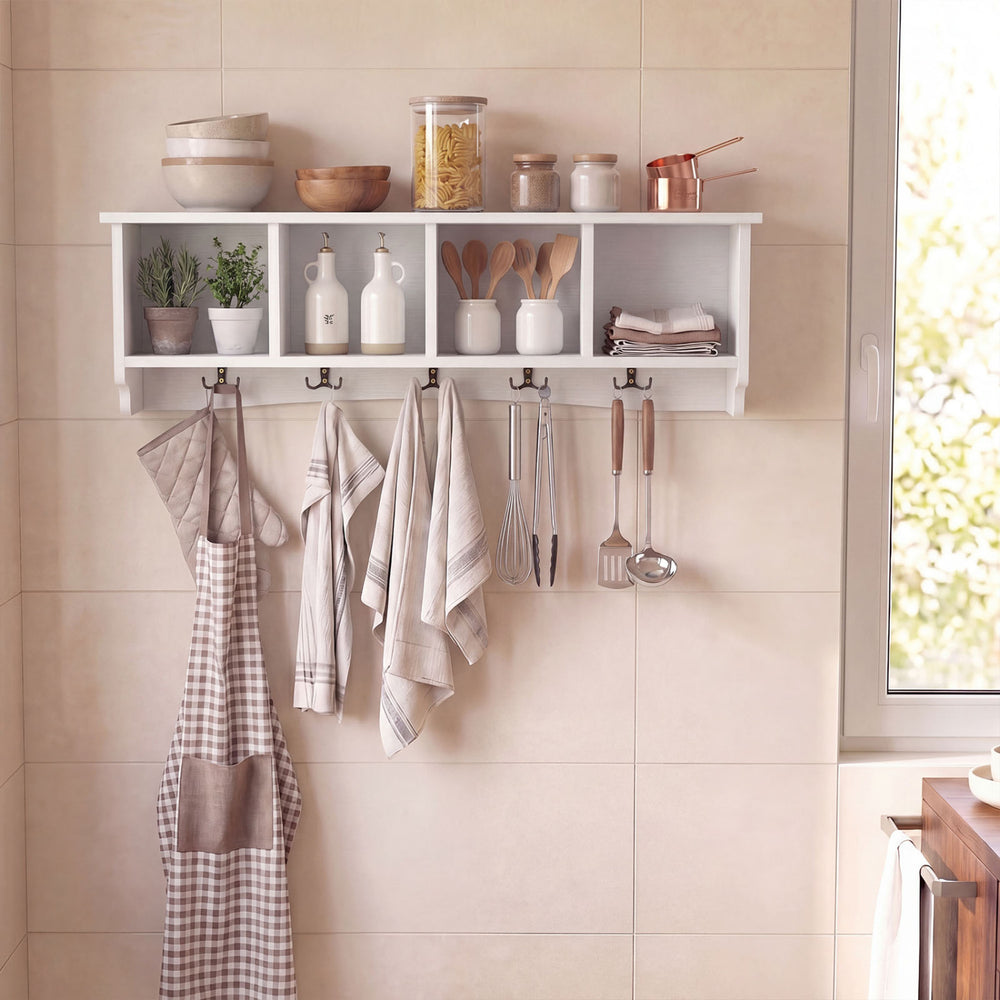 Wall-mounted coat rack in white with 4 cubbies and 5 double hooks, perfect for organizing entryways and kitchens.