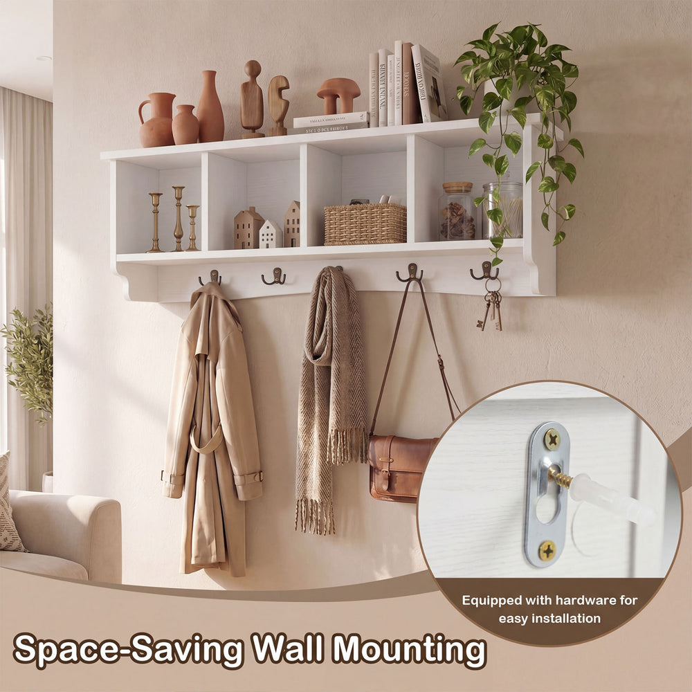 Wall-mounted coat rack in white with 4 cubbies, 5 double hooks, and a spacious shelf for entryway organization.