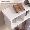 Wall-mounted coat rack with white wooden shelf, featuring 4 cubbies and 5 double hooks for organized storage.