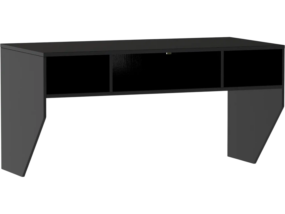 Wall-mounted black computer desk with 3 storage compartments, 41.5" x 21" surface for monitors and laptops.