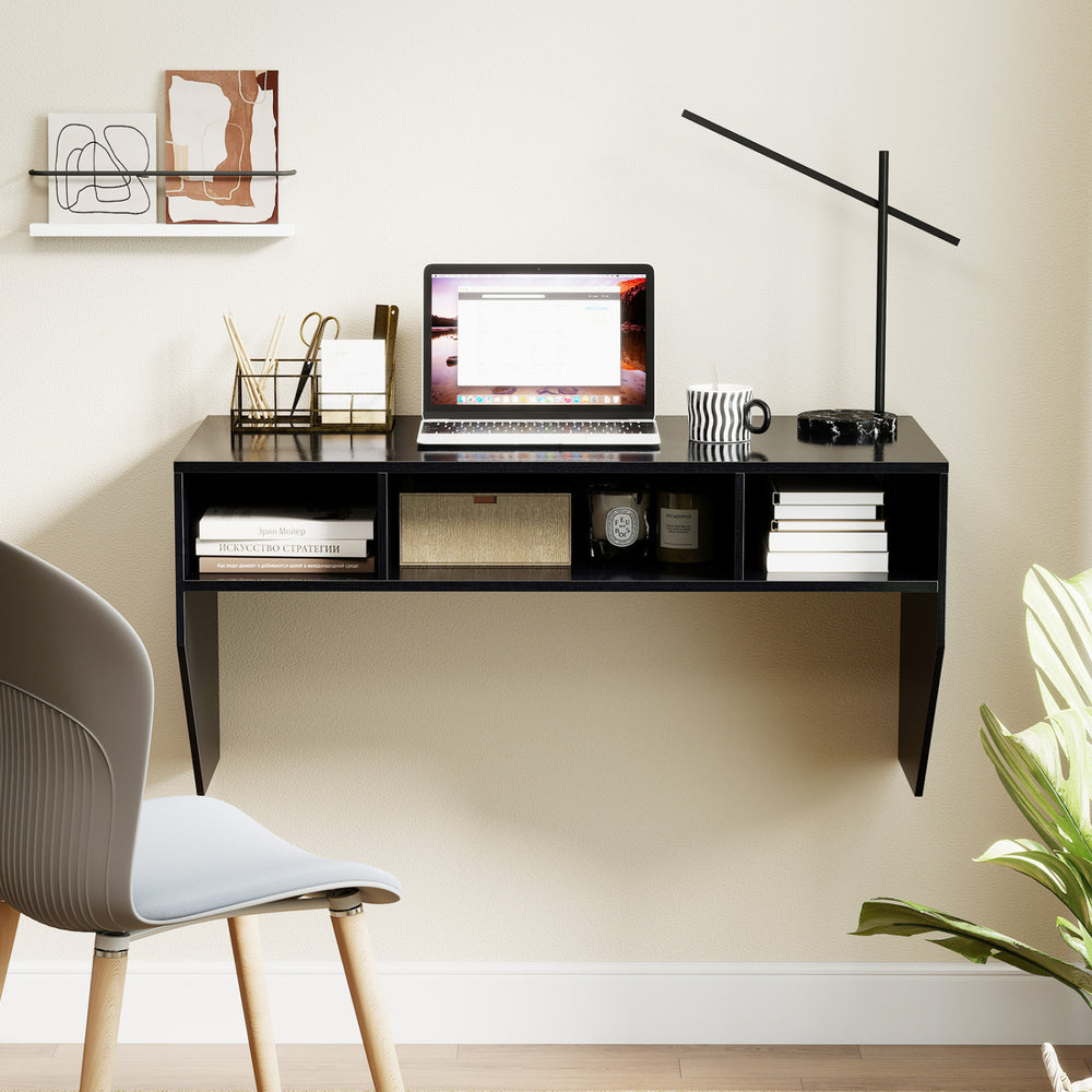 Wall-Mounted Computer Desk Floating Laptop Desk with 3 Storage Compartments-Black - Gallery View 1 of 11