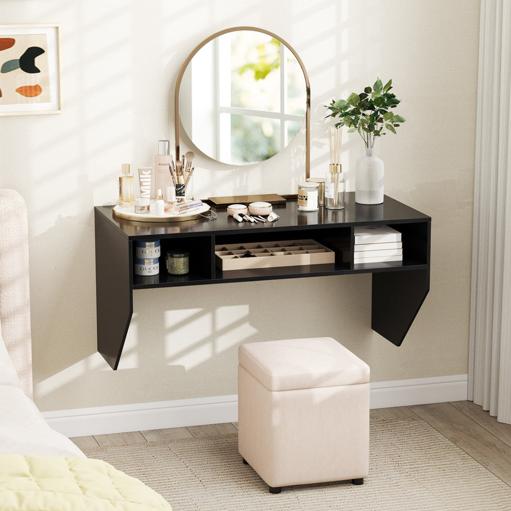 Wall-mounted black computer desk with 3 storage compartments, featuring a modern design for efficient space use.