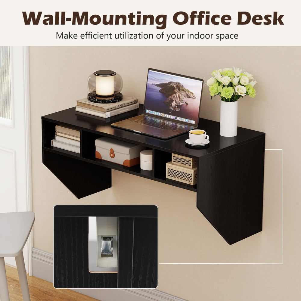 Wall-mounted black computer desk with 3 storage compartments, featuring a spacious 41.5" x 21" surface for monitors and.