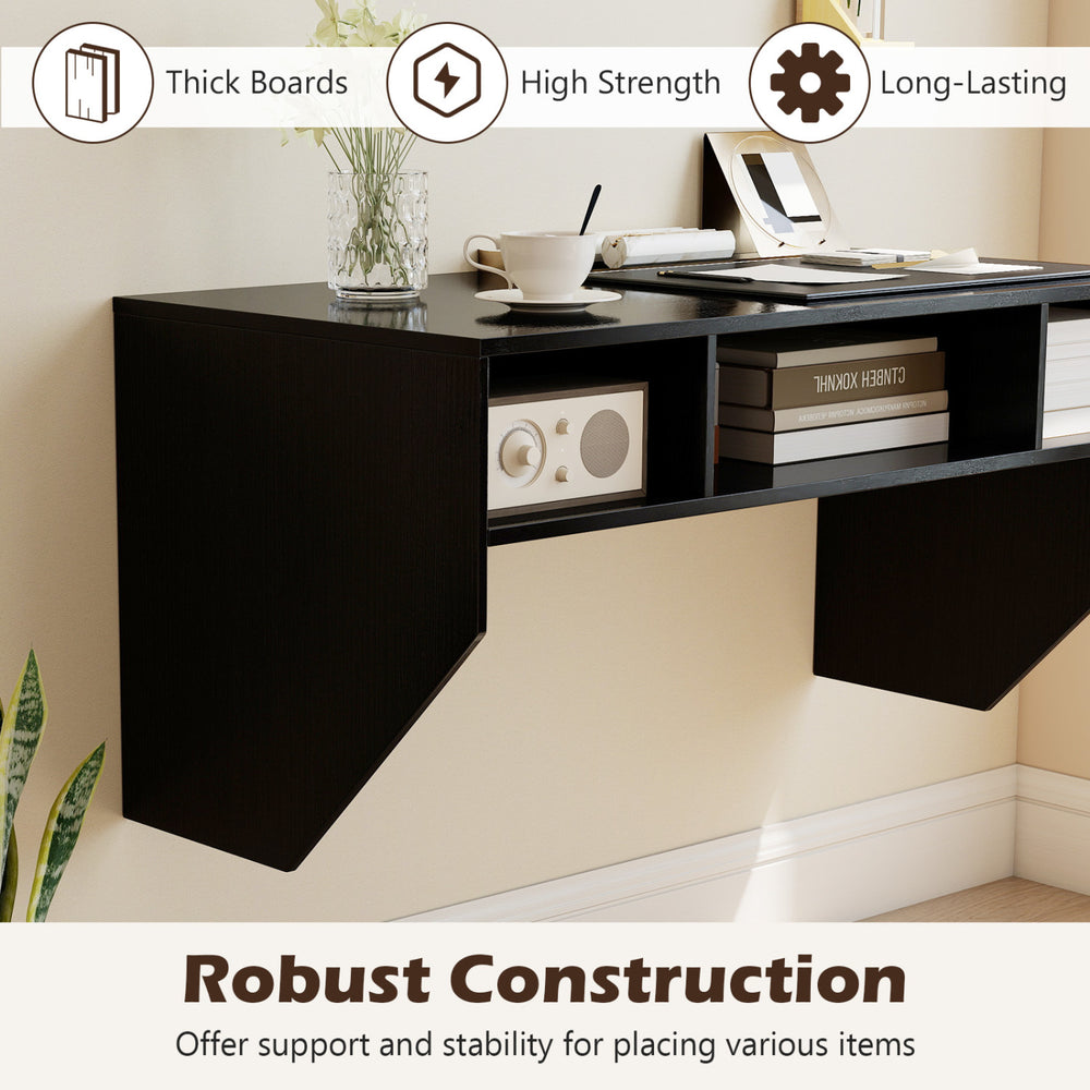 Wall-mounted black computer desk with three storage compartments, featuring a spacious surface for monitors and laptops.