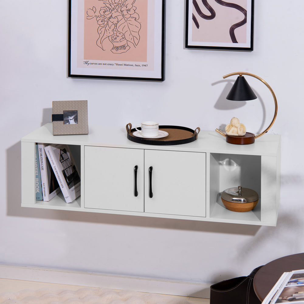 Floating wall-mounted desk hutch in white showcasing a sleek design with a wide tabletop and convenient metal handles.
