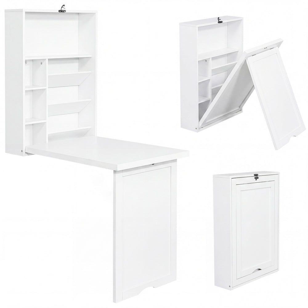 Wall-mounted fold-out convertible desk in white features ample storage and a wide tabletop, perfect for space-saving solutions.